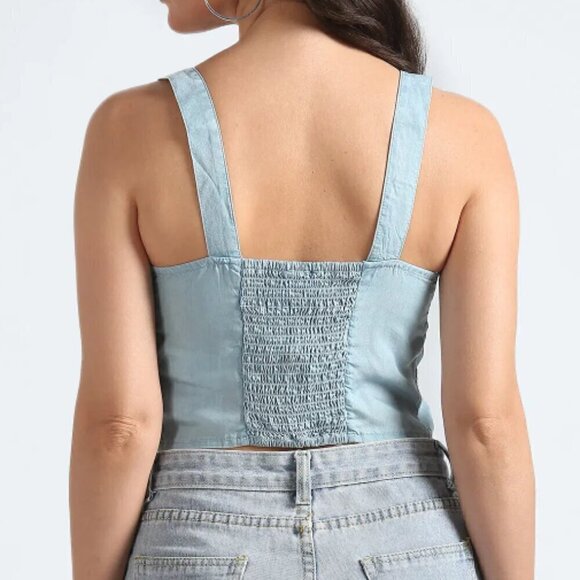 #39 Tommy Hilfiger Full Button Placket Tank Chambray Top in Light Blue - Picture 3 of 7